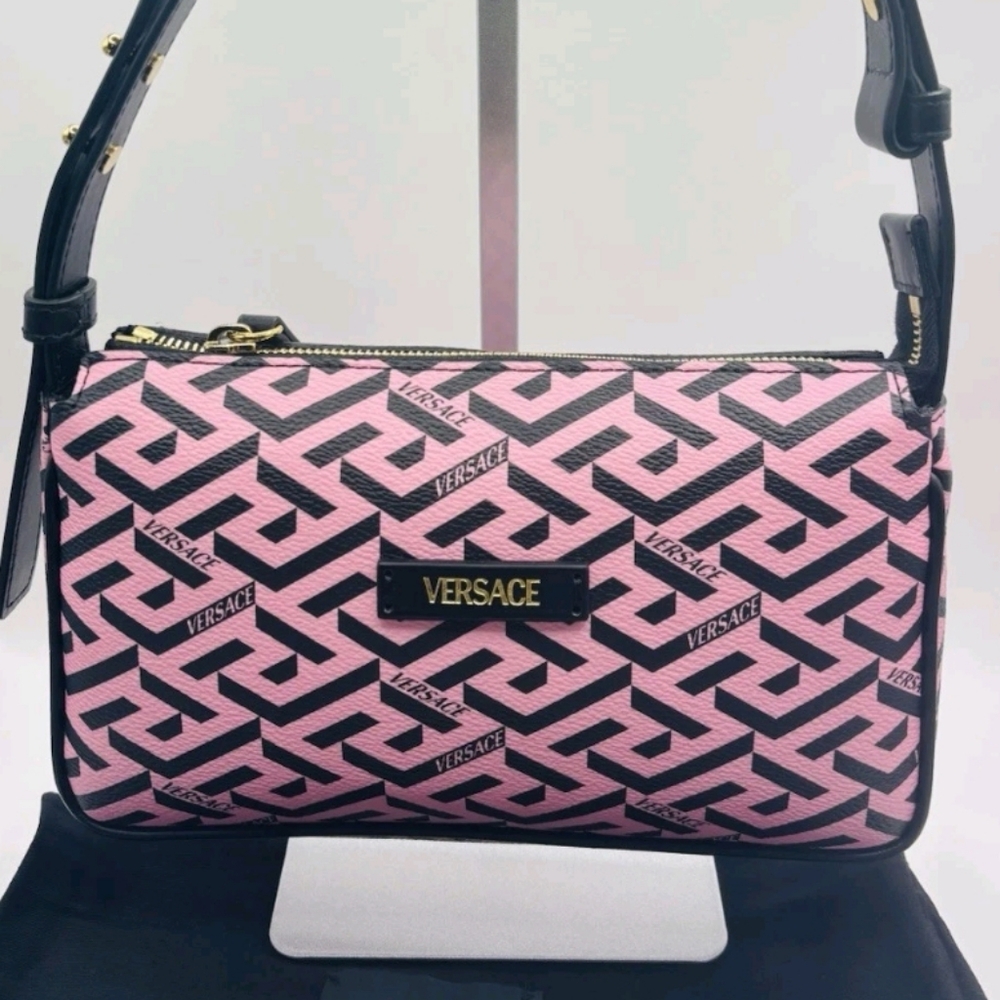 Versace Shoulder Bag Coated Canvas Monogram Calf Pink/black  $1050 Retail/ NEW - Picture 2 of 12